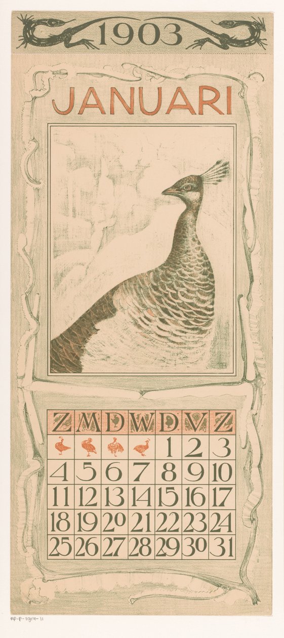List kalendáře ledna s pávem Kalendář 1903 12 litografií Th. v. Hoytema (název série) od Theo van Hoytema