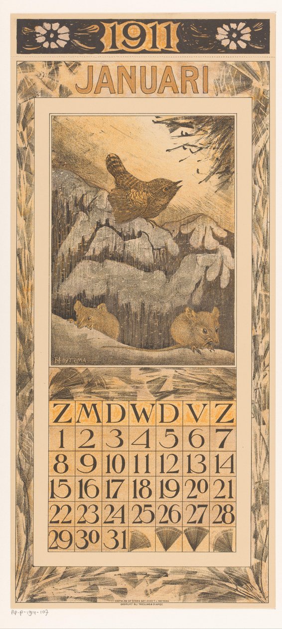 List kalendáře ledna s střízlíkem a myší Kalendář 1911 12 litografií Th. v. Hoytema (název série) od Theo van Hoytema