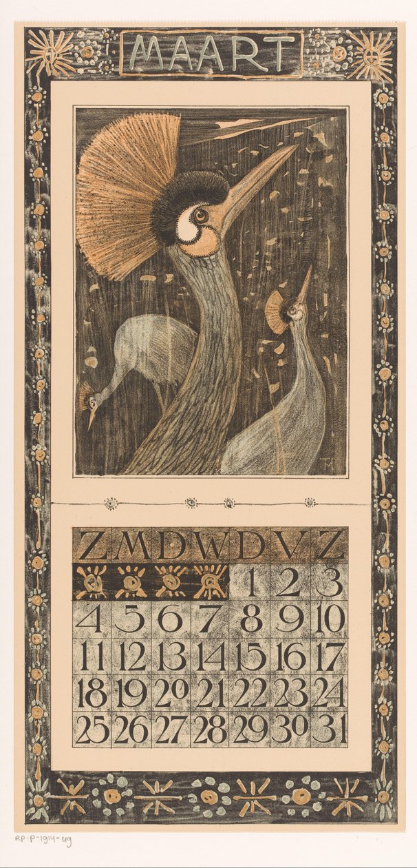 Kalendářní list březen s korunovými jeřáby Kalendář 1906 12 litografie Th. v. Hoytema (název série) od Theo van Hoytema