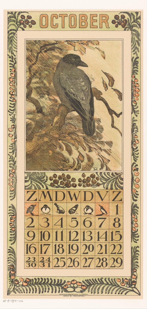 Stránka kalendáře října s barevnou vránou Kalendář 1910 12 litografií Th. proti. Hoytema (název série) od Theo van Hoytema