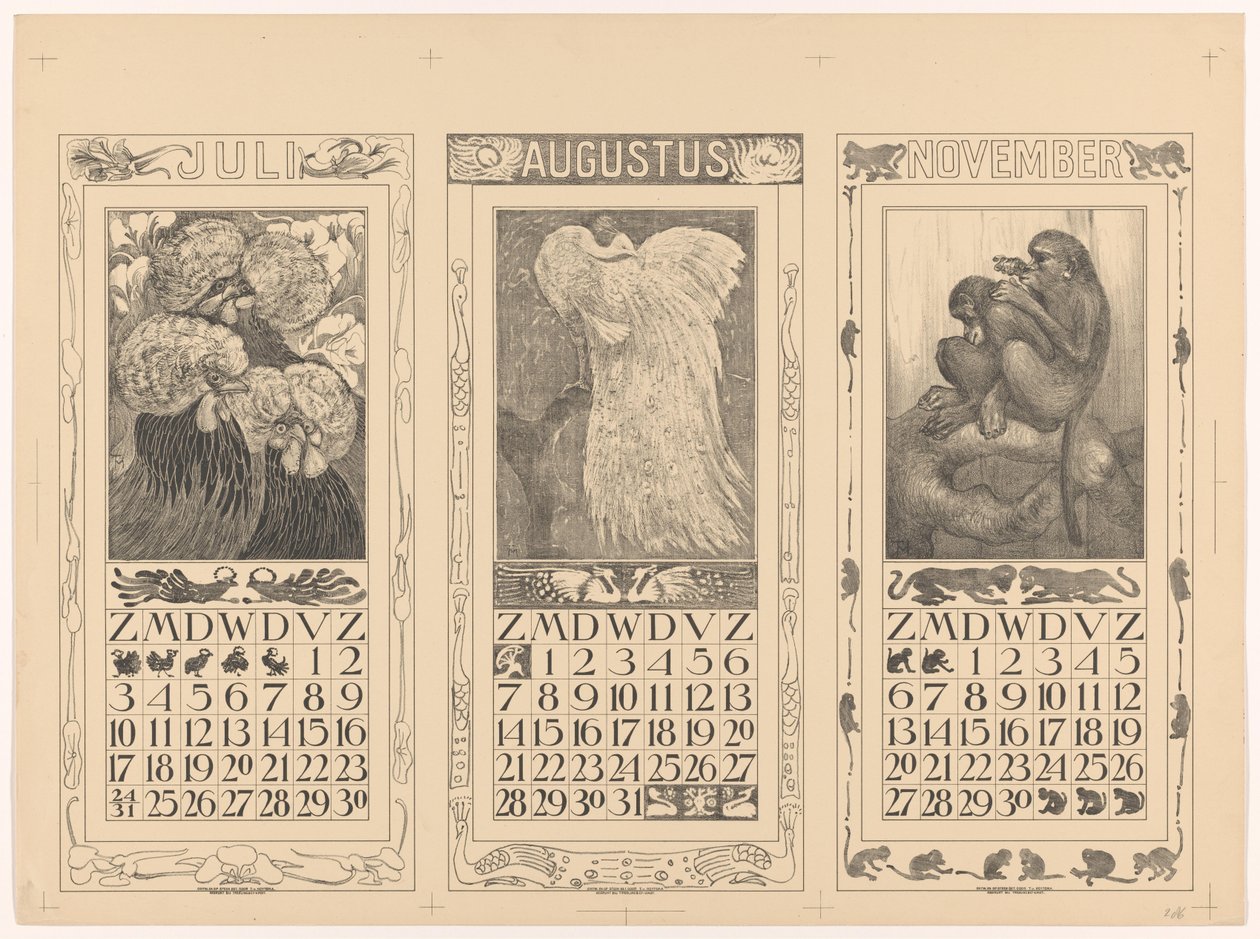 Kalendáře na červenec, srpen a listopad 1910 od Theo van Hoytema