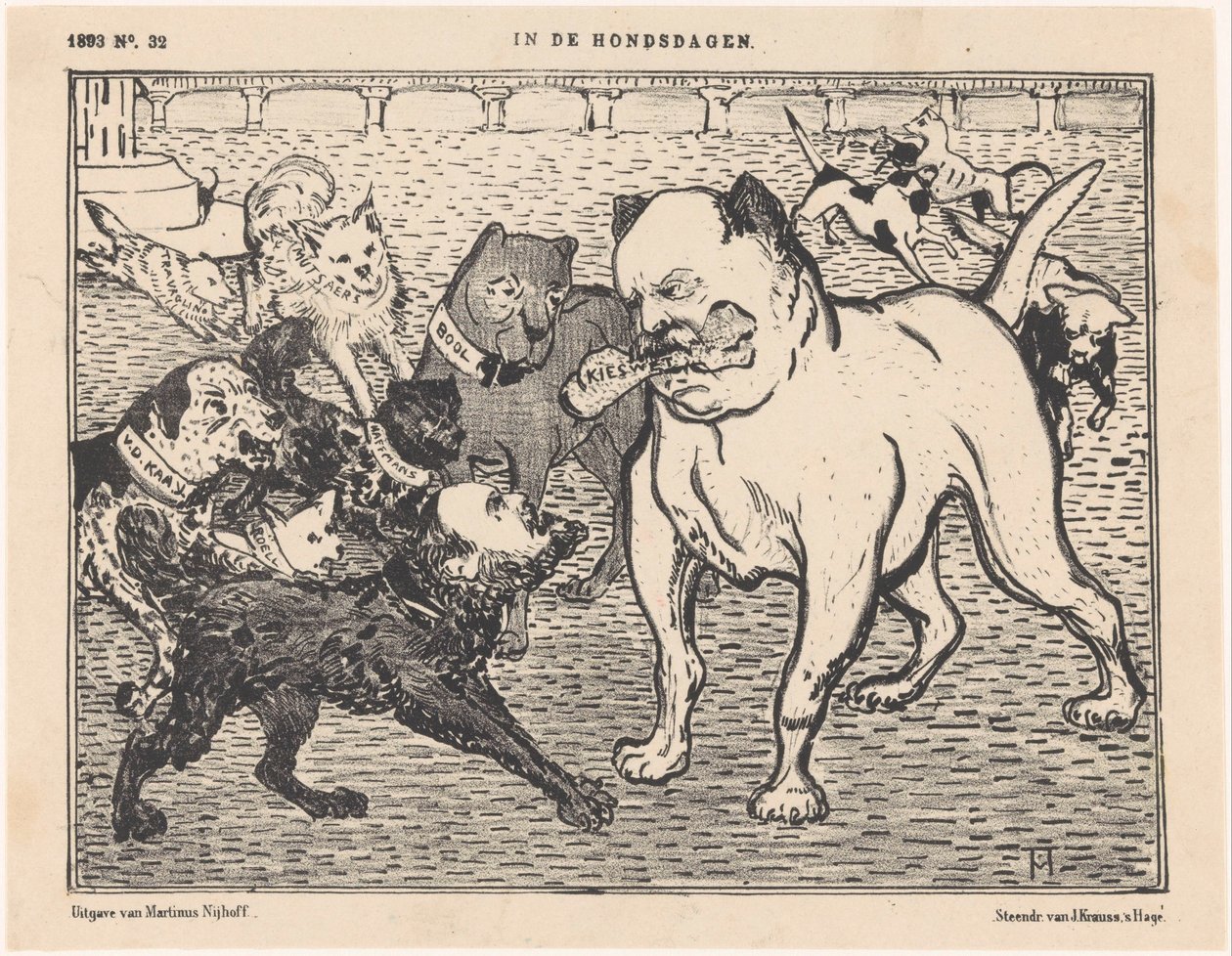 Karikatura o volebním zákonu od Johannese Tak van Poortvliet Na psích dnech (název na objektu) od Theo van Hoytema