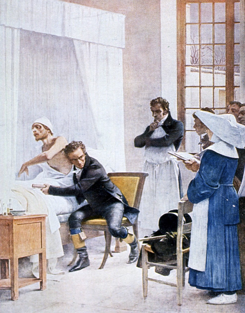Rene Laënnec (1781-1826) poslouchající hruď muže s konzumací v nemocnici Necker, 1816 od Theobald Chartran