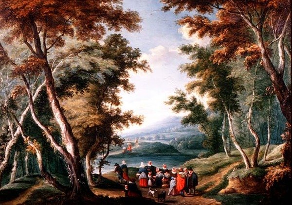 Zalesněná krajina s prodavači ovoce a dalšími figurkami od Theobald (circle of) Michau