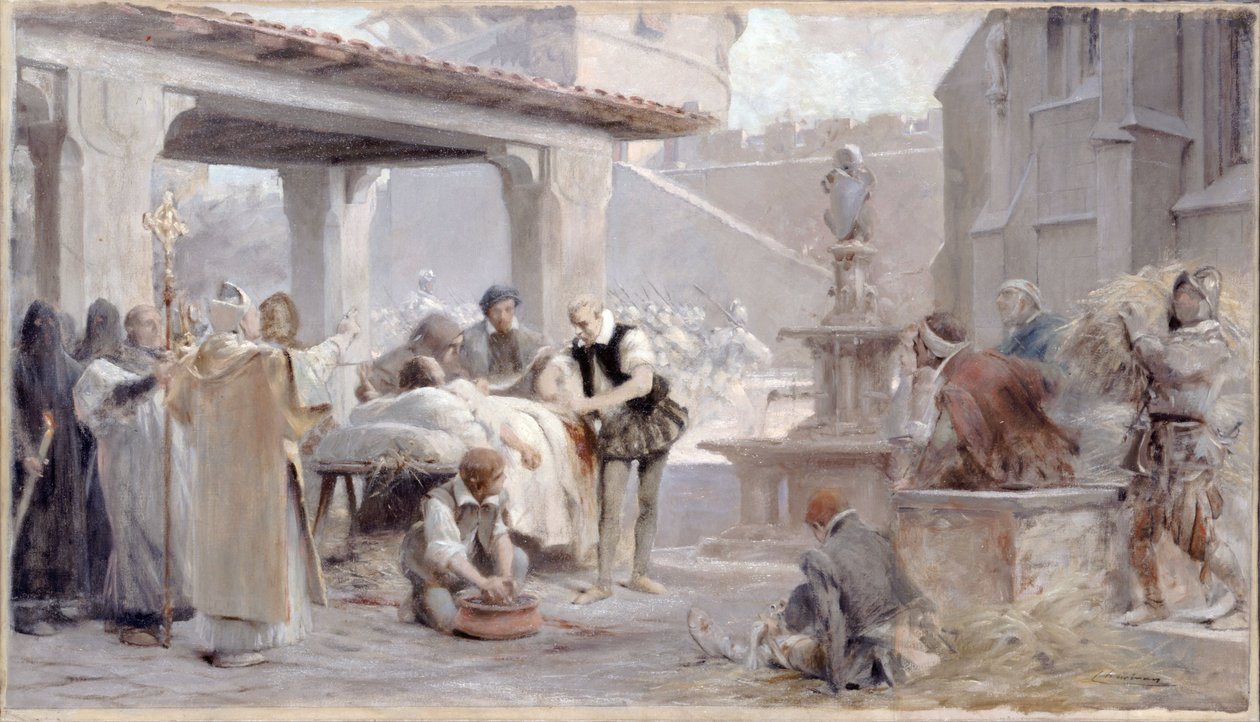 Náčrt schodiště na Sorbonně: Ambroise Paré při obléhání Metz, asi 1888 (tužka, olej na plátně) od Theobald Chartran