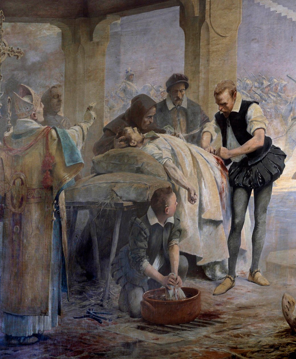 Lékař Ambroise Pare (1509-1590) praktikuje podvaz tepen na harquebusher zraněném při obléhání Met Karlem V. v roce 1553 Detail. Obraz Theobalda Chartrana (1849-1907) od Theobald Chartran