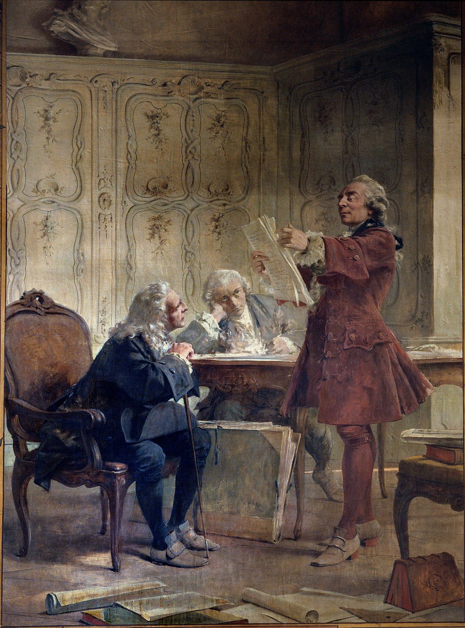 Přírodovědec a intendant Jardin du roi Georges-Louis Leclerc, hrabě z Buffonu (1707-1788) čte první listy své přírodovědné dohody před botanikem Bernardem de Jussieu (1699-1777) a přírodovědcem Edme-Louisem. Daubenton (1732–1717) od Theobald Chartran