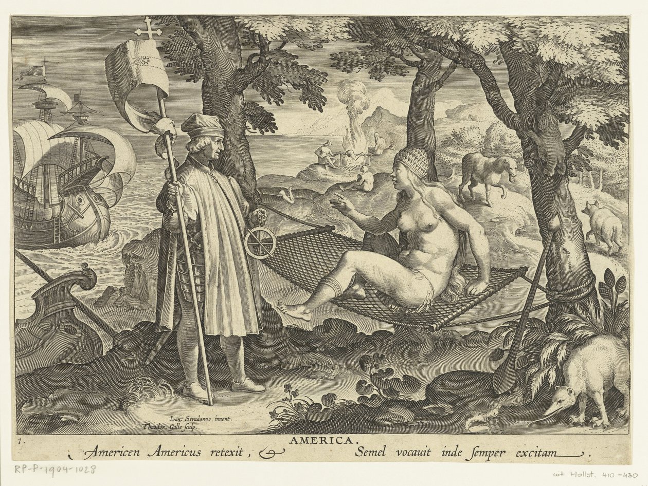 Amerigo Vespucci se vydává do Ameriky Amerika. Americas Americas retexit. Semel vocauit inde sempre excitam (název na objektu) Nové vynálezy a objevy (název série) Nova Reperta (název seriálu) od Theodoor Galle