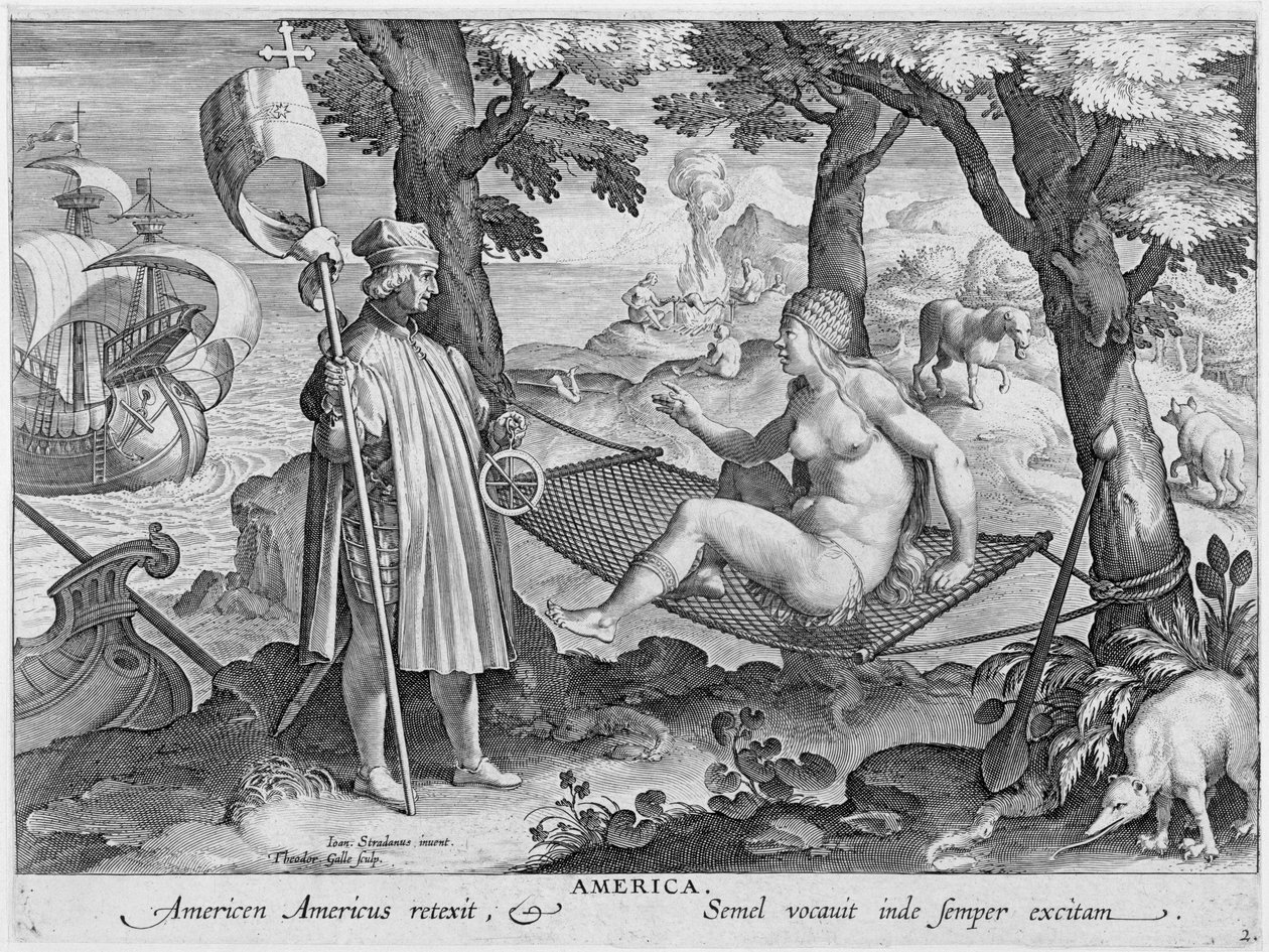 Kolumbus „objevuje Ameriku“, 1492, 1600 od Theodoor Galle