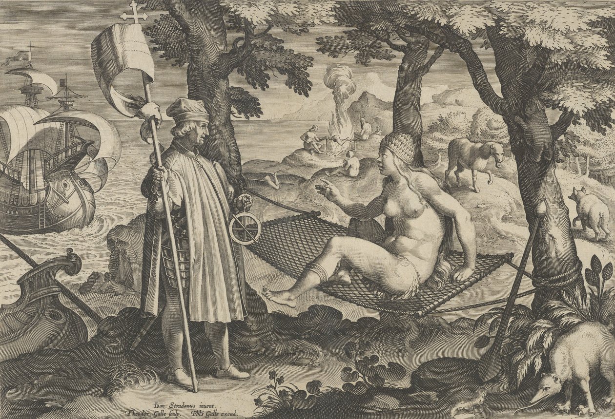Nové vynálezy moderní doby [Nova Reperta], Objevení Ameriky, deska 1, ca. ..., ca. 1600. od Theodoor Galle