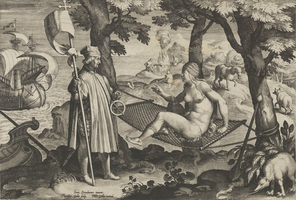 Nové vynálezy moderní doby [Nova Reperta], Objevení Ameriky, deska 1, ca. ..., ca. 1600. od Theodoor Galle