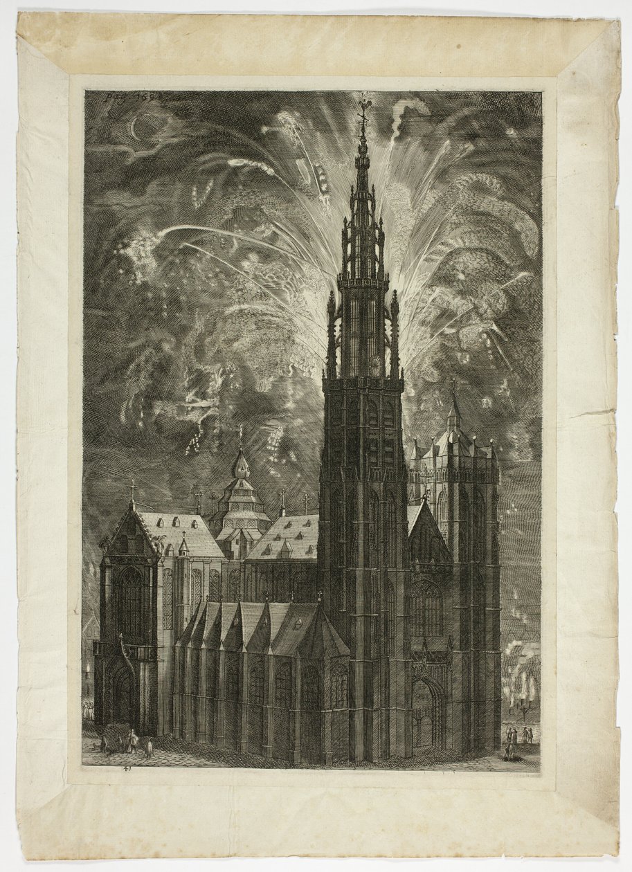 Ohňostroj kolem antverpské katedrály, deska 41 od Casperius Gevartius, Pompa Entroitus Honori Serenissimi princ Ferdinand od Theodoor van Thulden