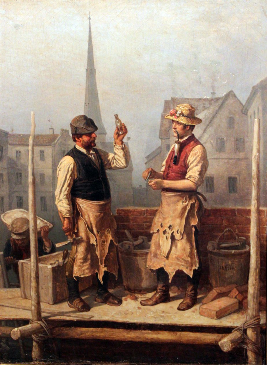 Zednáři při stavbě červené radnice v Berlíně od Theodor Hosemann