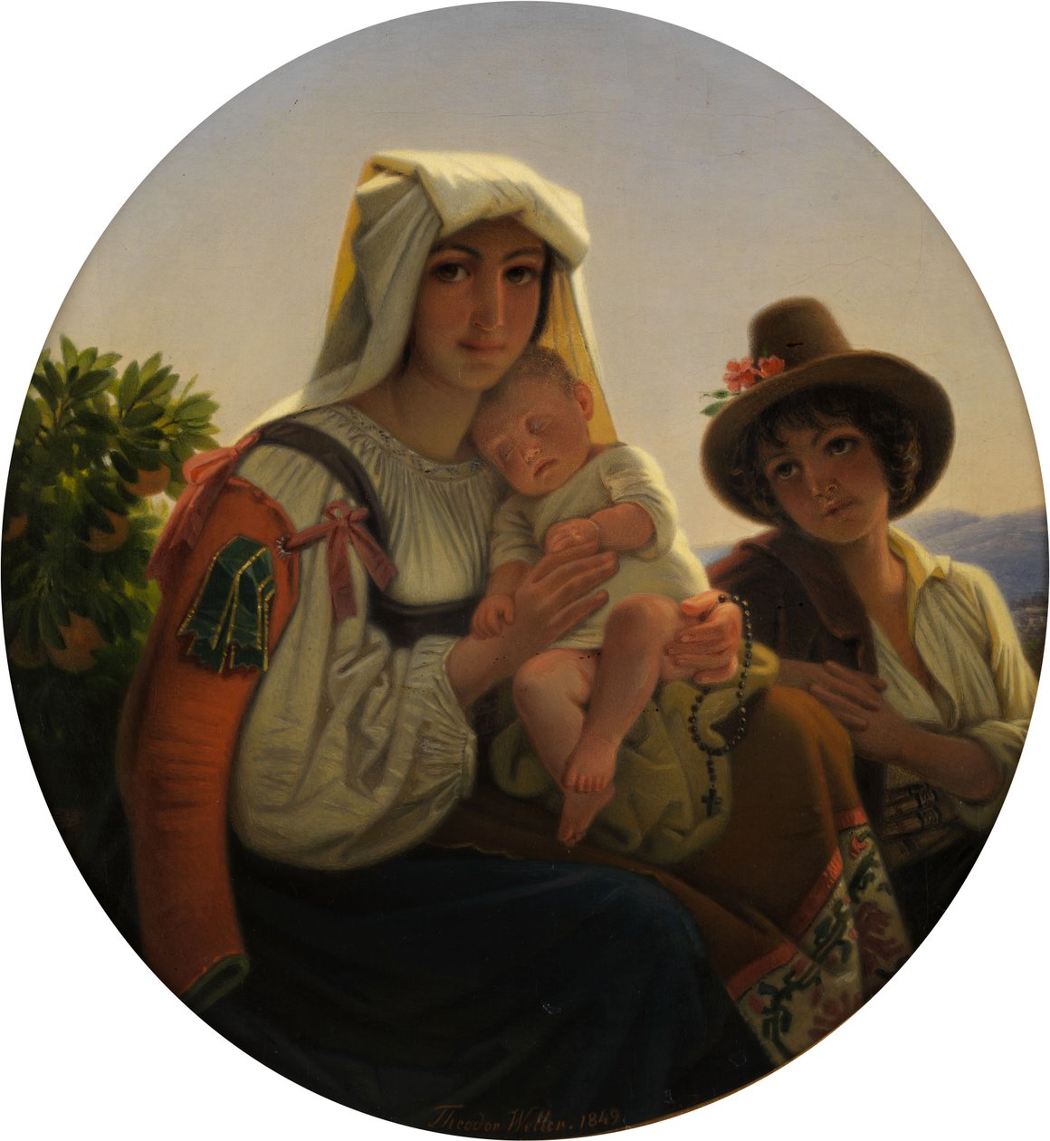 Italská matka s kojencem a chlapcem v krajině od Theodor Leopold Weller