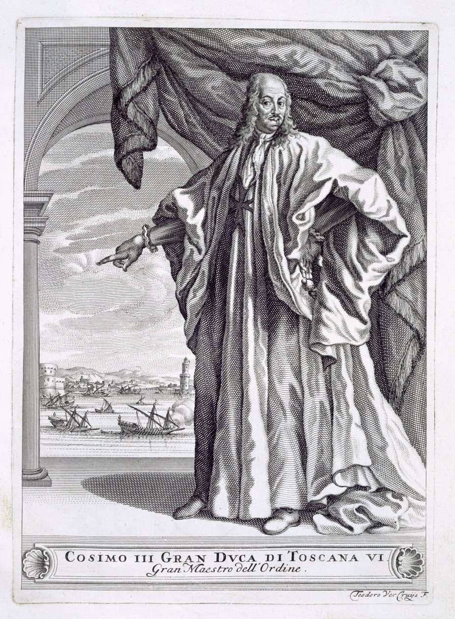 Portrét Cosima III de Medici (1642-1723), frontispice z I Pregi della Toscana, Fulvio Fontana, vydáno 1701 od Theodor Verkruis