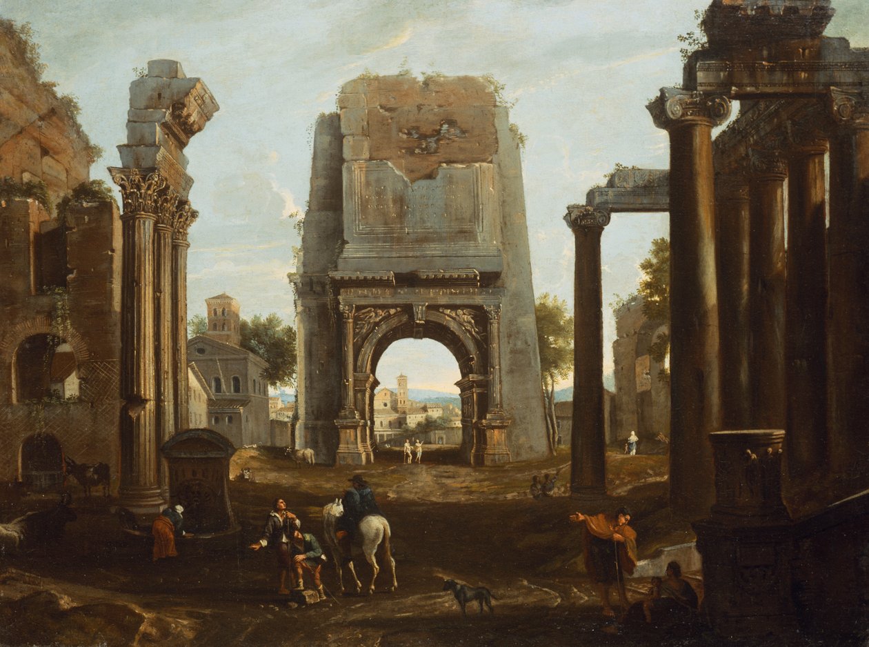 Capriccio římských ruin s Titovým obloukem a postavami (olej) od Theodor (circle of) Helmbreker