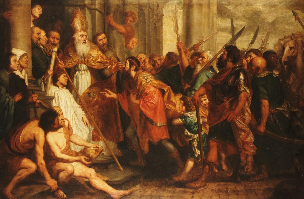 Svatý Ambrož, biskup milánský, odmítá císaře Theodosia vstup do milánské katedrály od Theodor Boeyermans