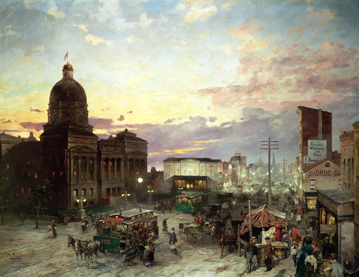 Washington Street, Indianapolis v soumraku (olej na plátně) od Theodor Groll