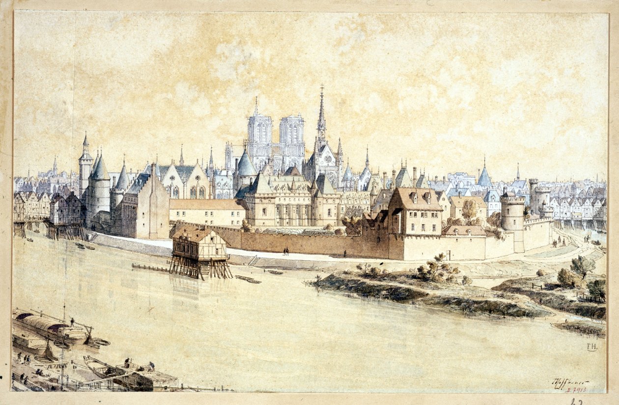 Palác a město v roce 1530 (retrospektivní kompozice) (pero a inkoust a akvarel na papíře) od Theodor Josef Hubert Hoffbauer