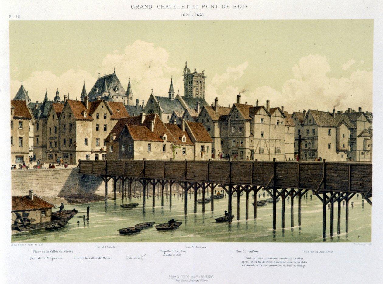 Velký Châtelet a dřevěný most (1621-1643) - v „Paříži od 13. století do současnosti“ od Hoffbauera, ed. Firmin Didot & Cie od Theodor Josef Hubert Hoffbauer
