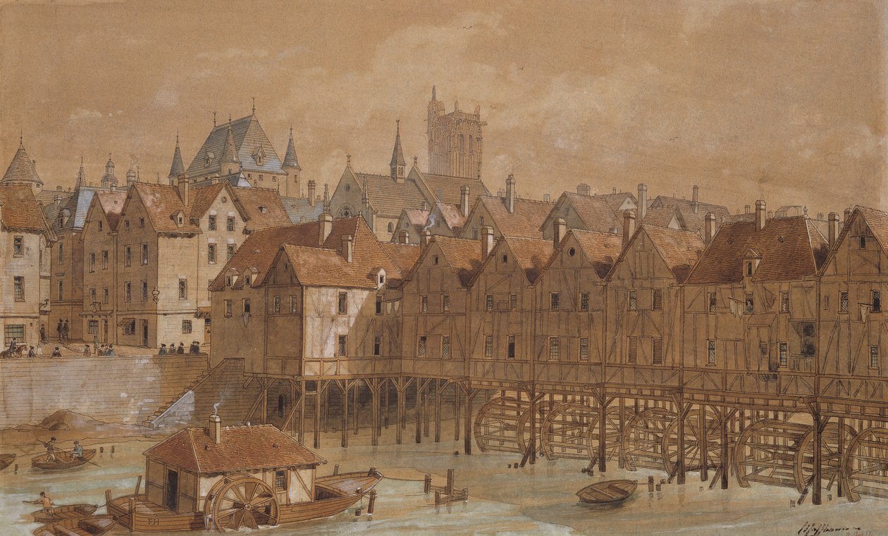 Grand Chatelet a Pont aux Meuniers (pero, inkoust a wc na papíře) od Theodor Josef Hubert Hoffbauer