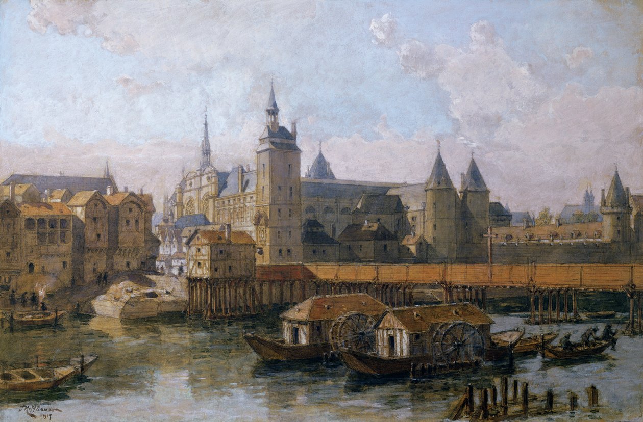 Ile de la Cite a Palais de Justice (dříve Palais Royal) v 16. století, 1917 od Theodor Josef Hubert Hoffbauer