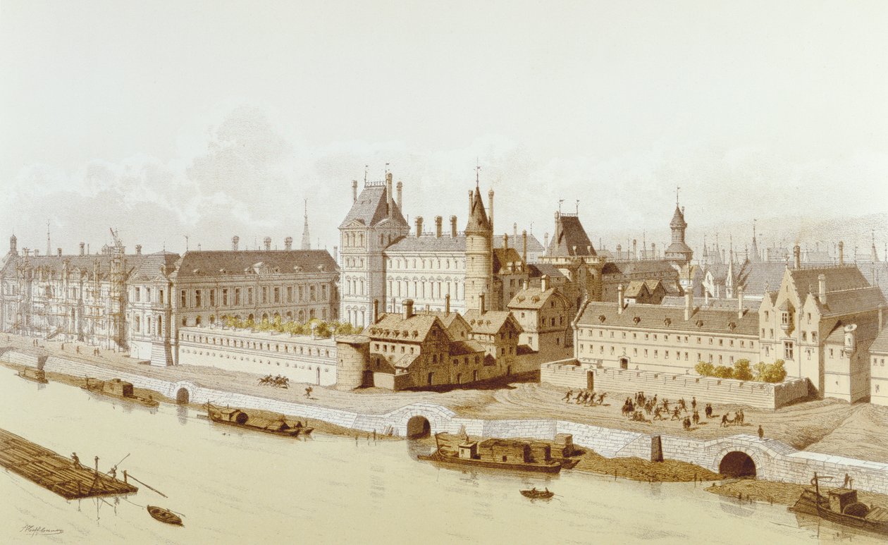 Louvre a Hôtel du Petit-Bourbon v roce 1622 za vlády Ludvíka XIII., 1885 od Theodor Josef Hubert Hoffbauer