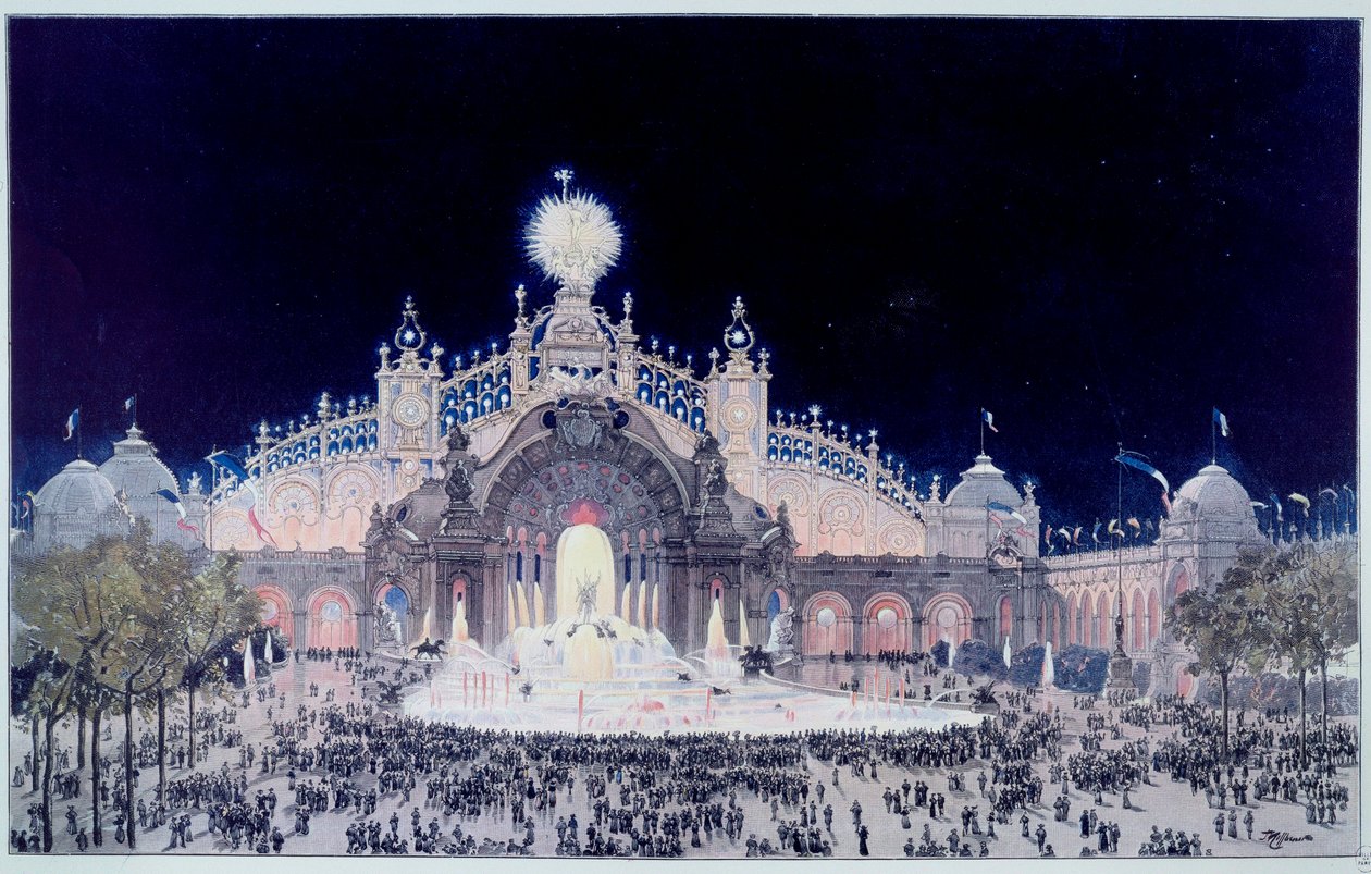Univerzální výstava: “” Pohled na Palác elektřiny a vodní hrad v Paříži v roce 1900”” Tisk Theodore Joseph Hubert Hoffbauer (1839-1922) známý jako Fedor Hoffbauer. 1900 Paříž, Musee Carnavalet od Theodor Josef Hubert Hoffbauer