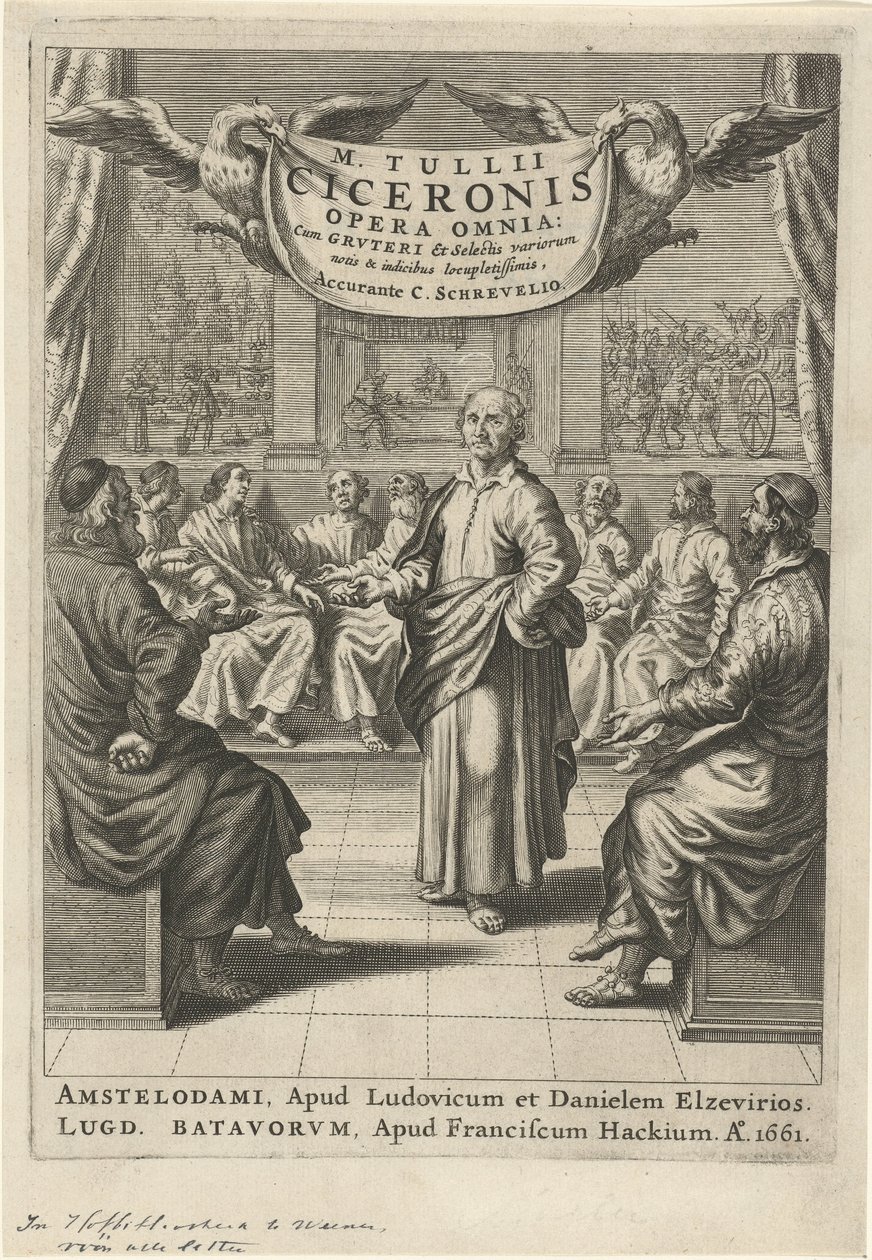 Cicero a diskutující postavy Titulní strana pro: Cicero, opera omnia, 1661 od Theodor Matham