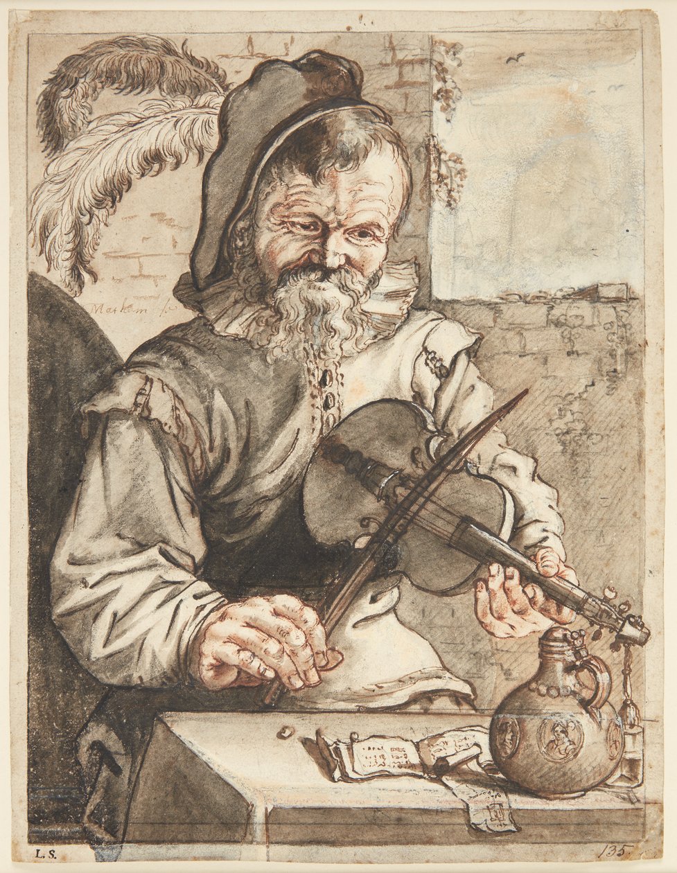 Houslista, napůl postava en face, sedící před stolem s notami, bubnem a sklenkou od Theodor Matham