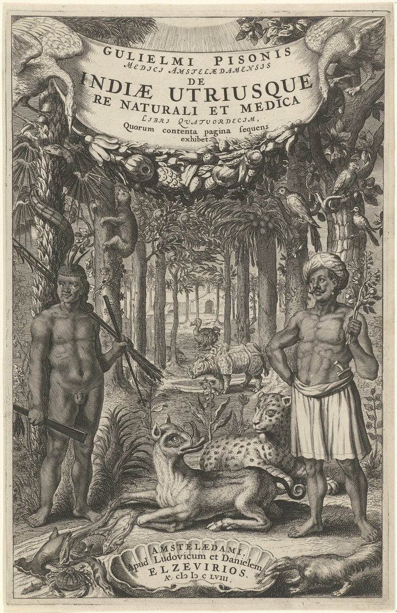 Dva muži a divoká zvířata před lesem Titulní strana pro: Indiae Utriusque, 1658 od Theodor Matham