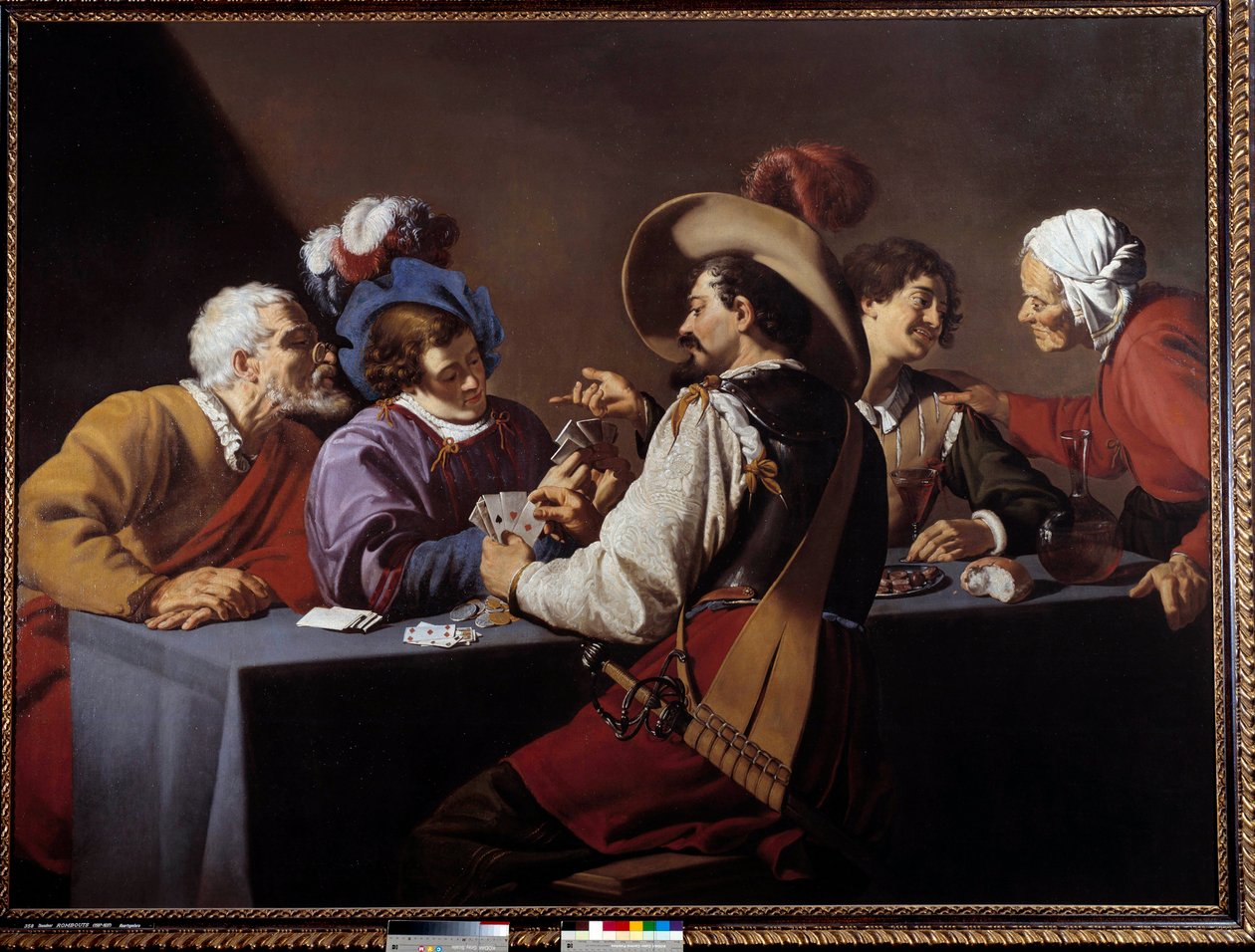 Hráči karet, brelanský obraz Theodora Romboutse (1597-1637) Slunce ze 17. století. 1,52x2,06 m Antverpy. Muzeum Koninklik – Hráči karet, „“ brelan““. Obraz Theodora Romboutse (1597-1637) od Theodor Rombouts