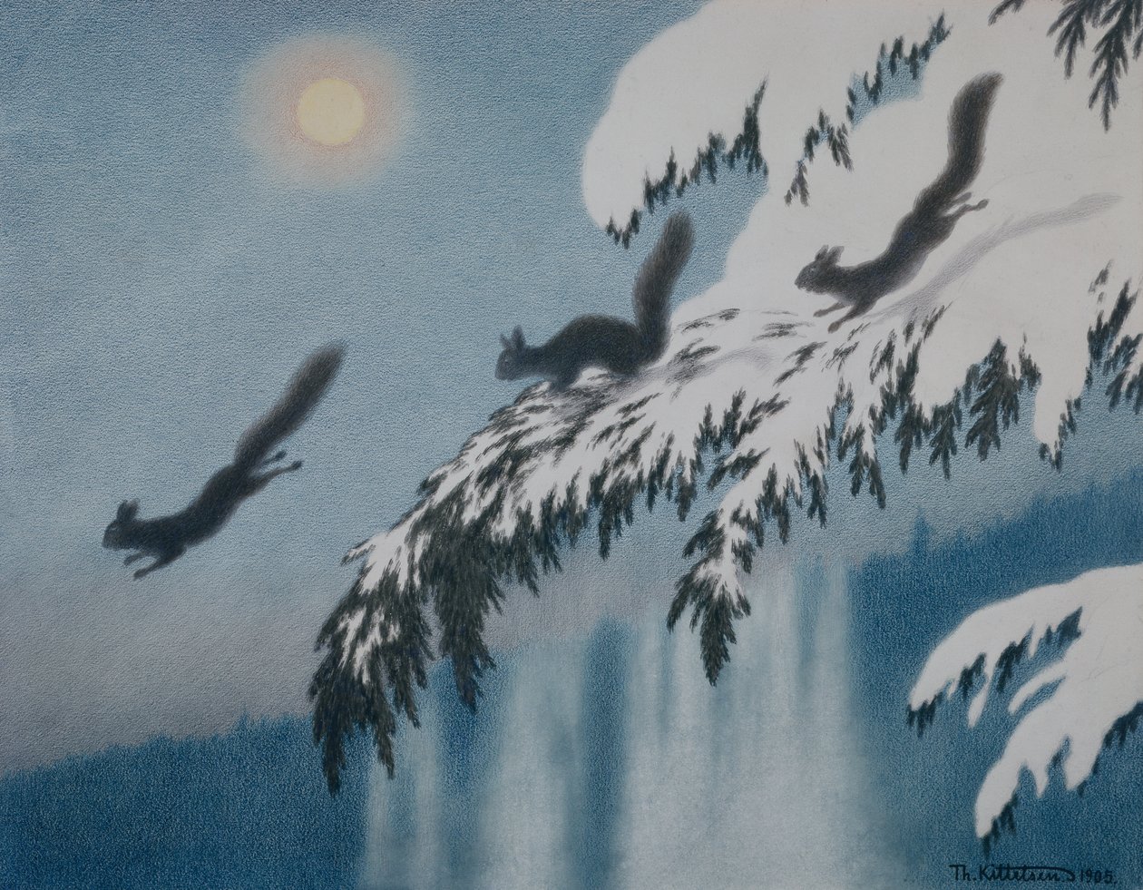 Zimní večer - veverka v letu od Theodor Kittelsen