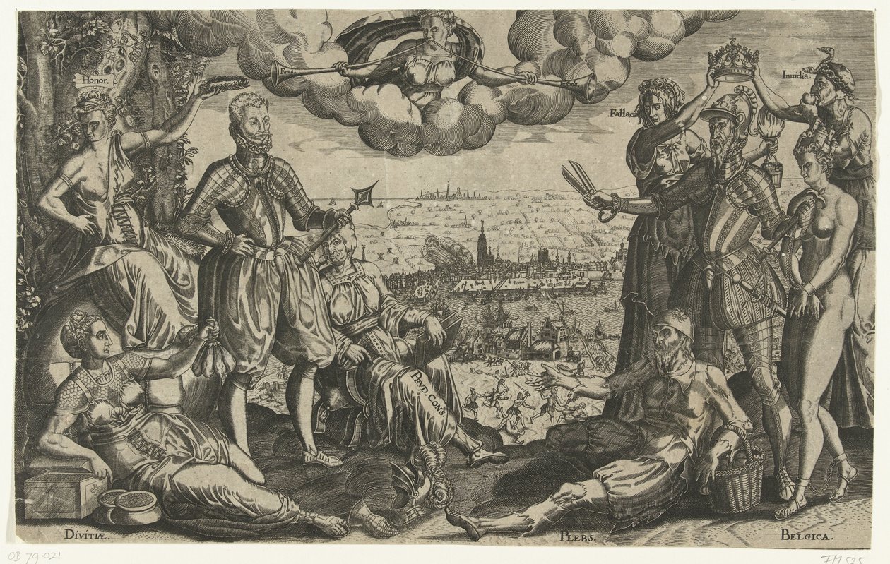 Srovnání mezi Oranje a Alva, se španělským Fury v pozadí, asi 1577 od Theodor de Bry (attributed to)