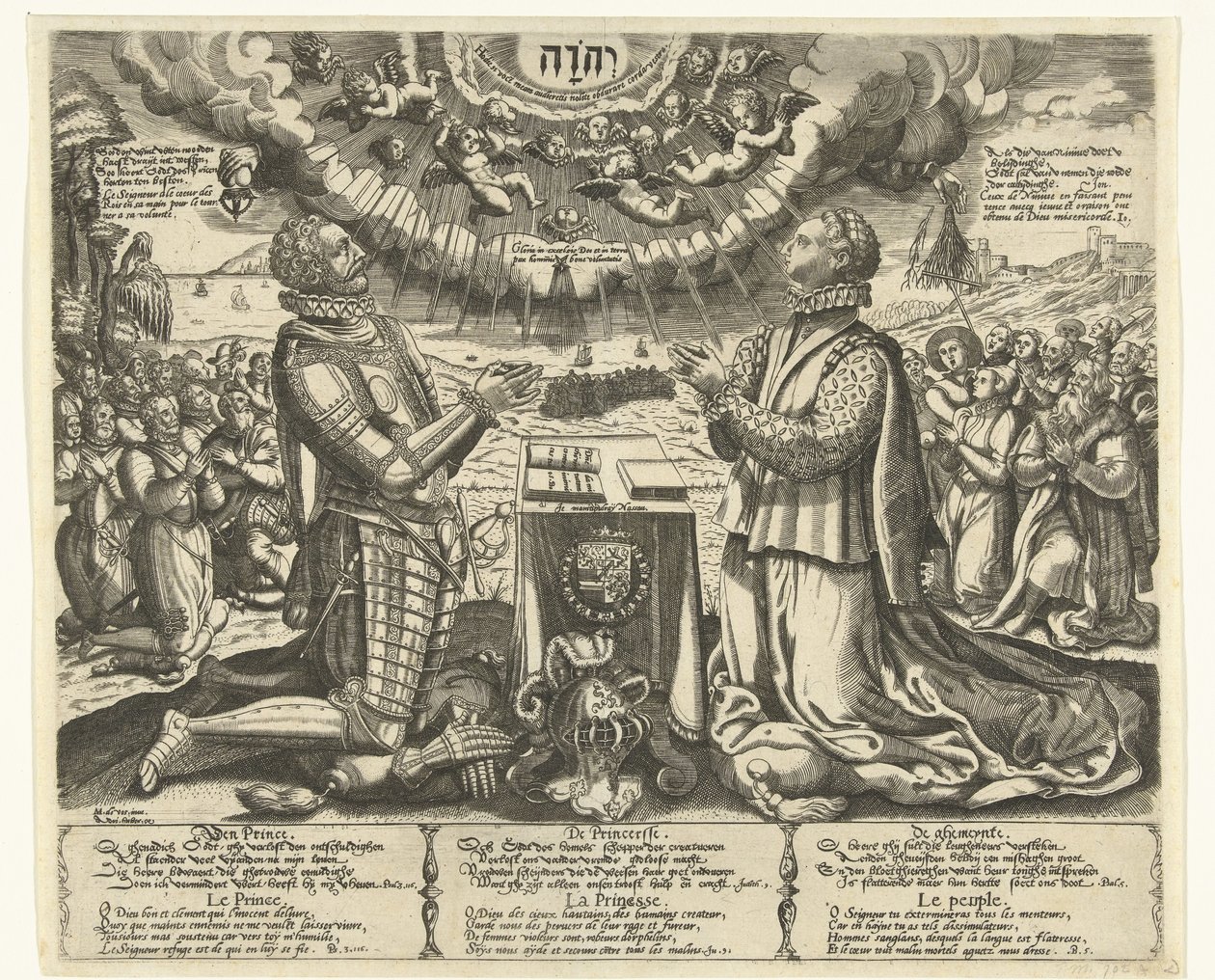 Vilém Oranžský a Charlotte Bourbonská klečící v krajině od Theodor de Bry (attributed to)