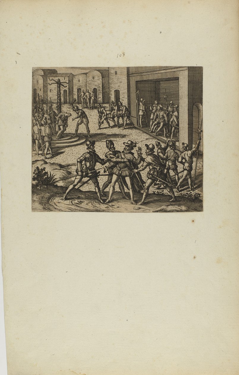 (Jacobus Almagrus a Ferdinando Pizarro Invincula Coniicitur in Carcere....) (z knihy Americae, část šestá) od Theodor de Bry