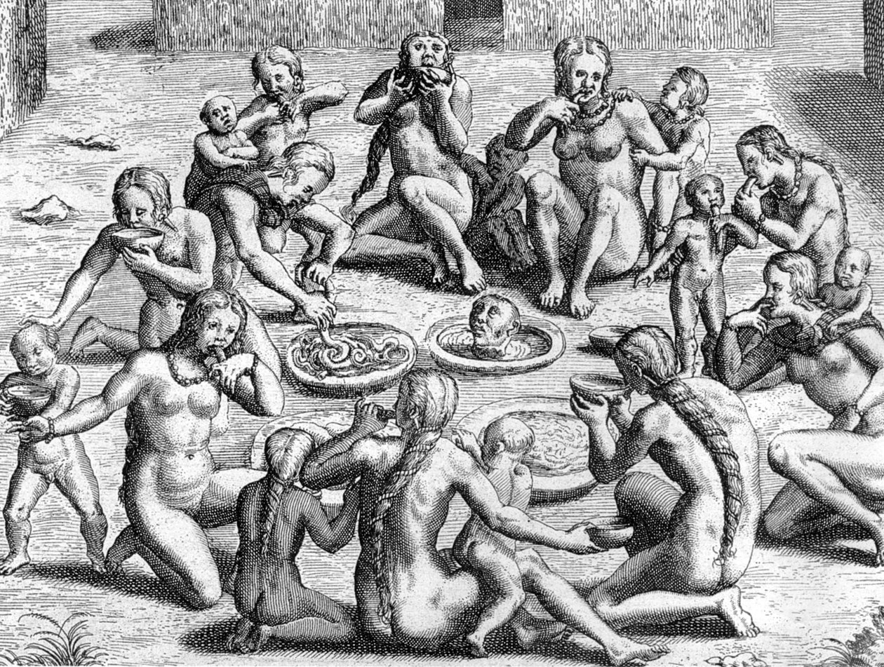 Vývar se vyrábí ze střev: kanibalismus indiánů v Novém světě (Amazonia), rytina Theodora de Bry pro knihu "Le Voyage au Brezil de Jean de Lery 1556-1558" vydanou v roce 1578 od Theodor de Bry