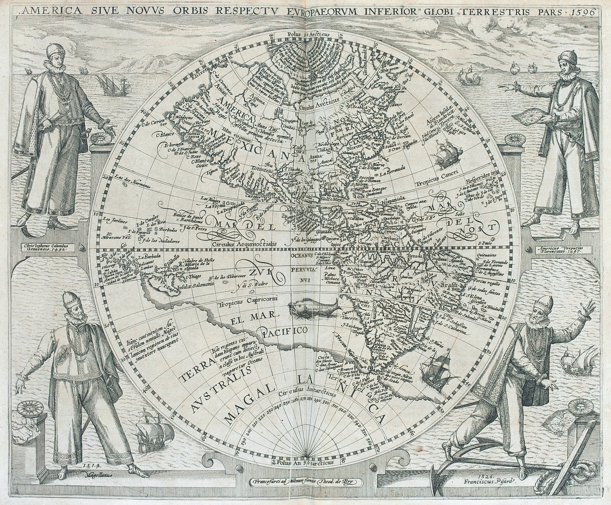 Mapa Ameriky, 1590-1601 od Theodor de Bry