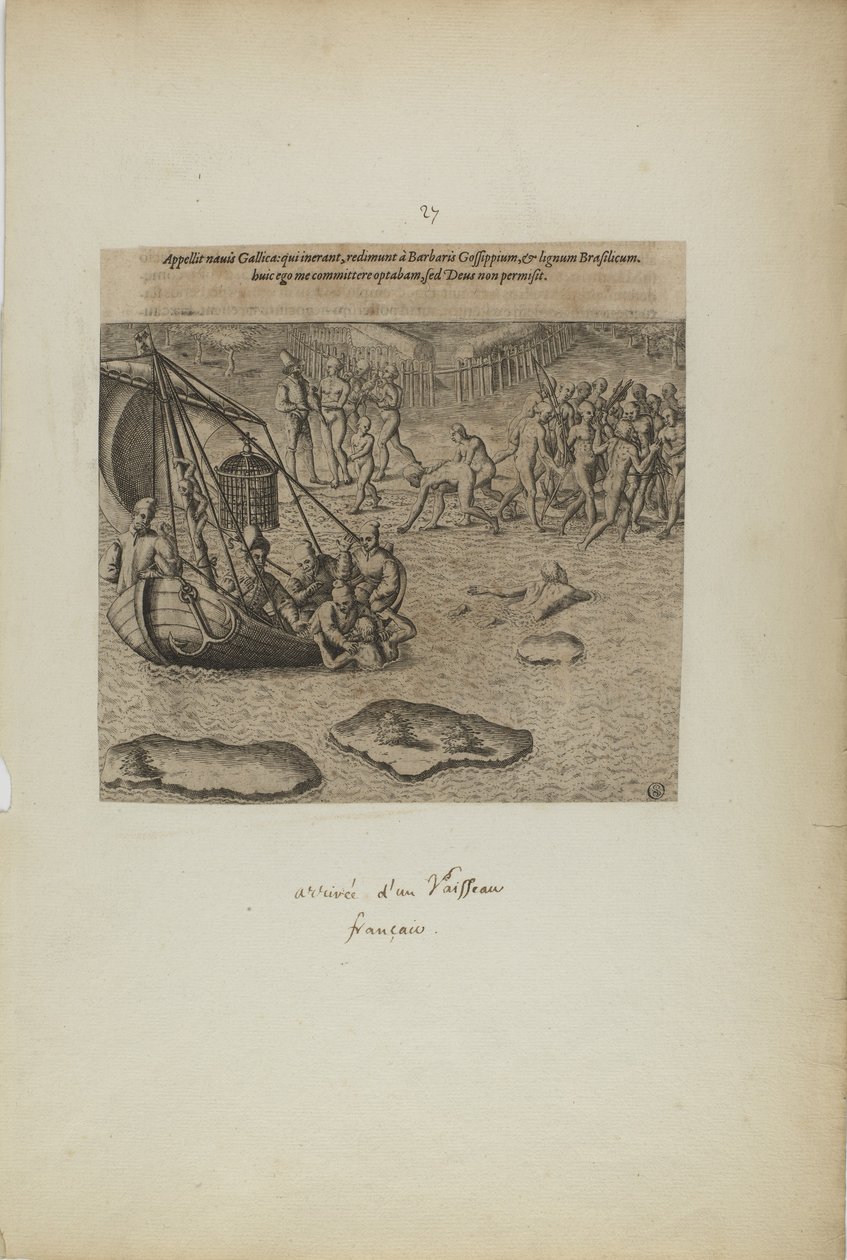 Appellit navis gallicai: qui inerant, redimunt a barbaris gossip pium... (z knihy Americae, část třetí) od Theodor de Bry