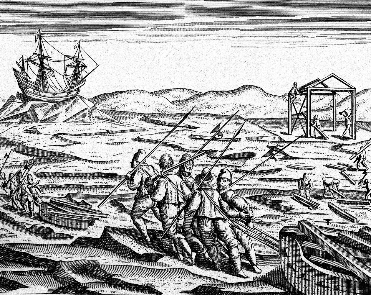 Stavba domu na zimu na severním pólu, cca 1600 (rytina) od Theodor de Bry