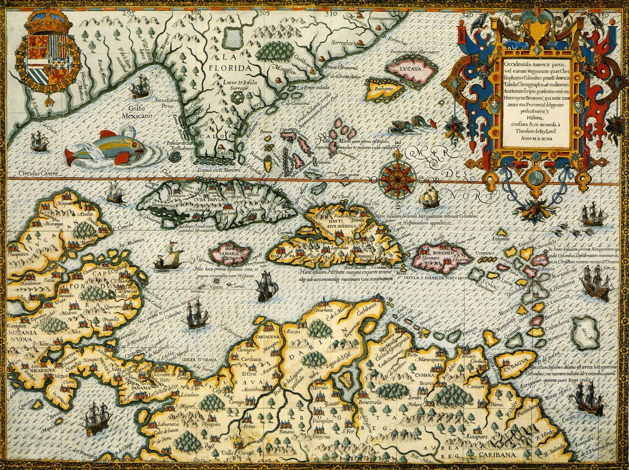 DeBry Mapa Karibiku a Floridy1594 od Theodor de Bry
