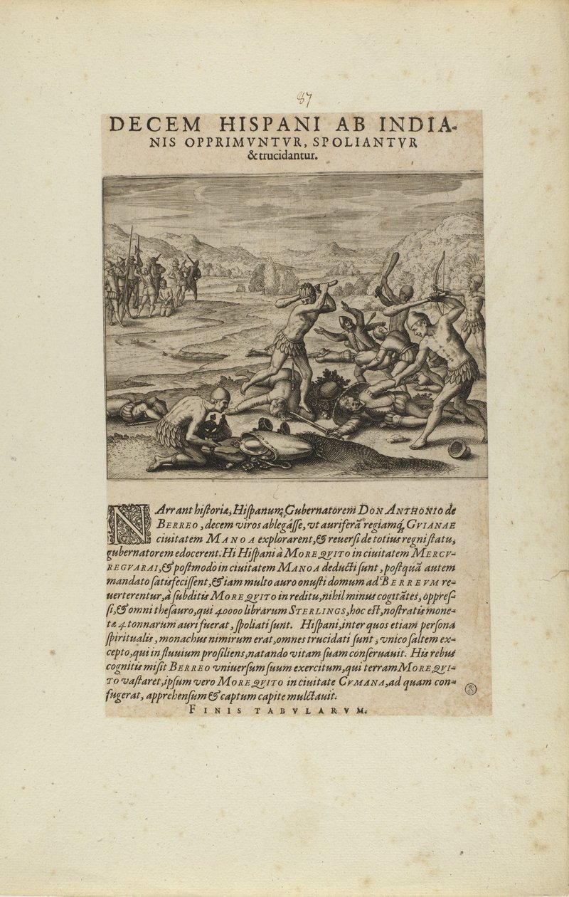 Decem Hispani ab India-/nis Opprimuntur, Spoliantur/and Trucidantur. (z knihy Americae, část sedmá a osmá) od Theodor de Bry