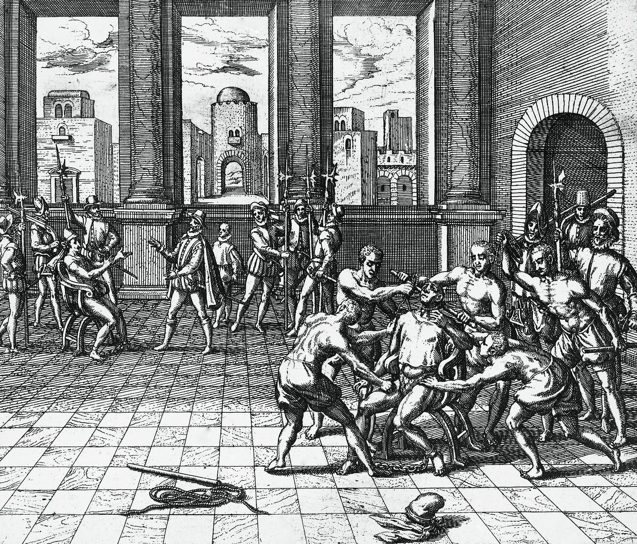Incký císař Atahualpa je garrotován Pizarrovými jednotkami, 26. července od Theodor de Bry