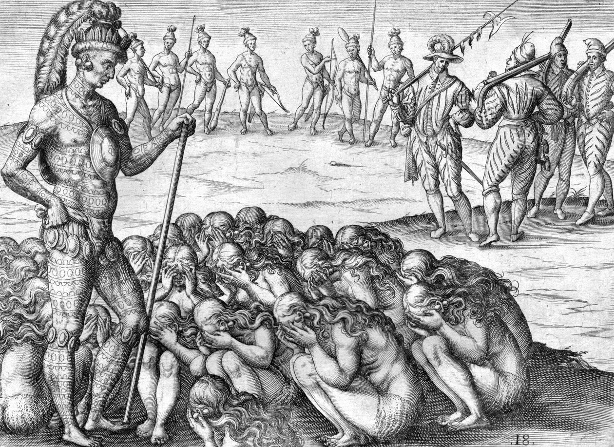 Indičtí zajatci saturiwa indiány potano od Theodor de Bry