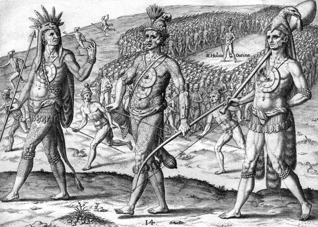 Indiánská potana Utina a její vojáci od Theodor de Bry