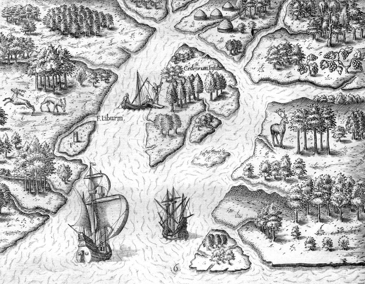 Jean Ribault vztyčuje v Charlesfortu sloup se znaky francouzského krále. od Theodor de Bry