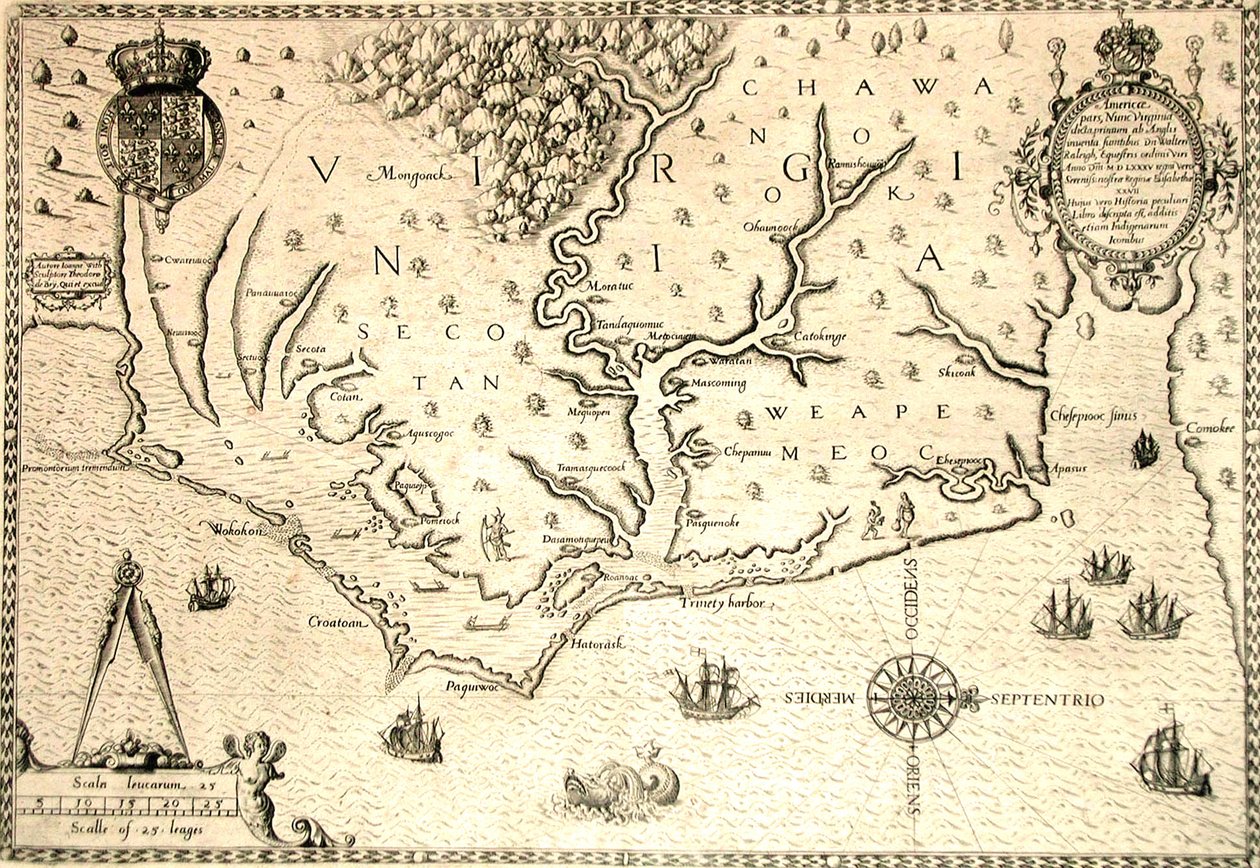 Mapa z roku 1590 vyrytá Theodorem de Bry podle akvarelu od anglického kolonisty Johna Whitea, guvernéra Roanoke. Virginie a pobřeží s malými ostrovy a Roanoke u ústí řeky. Původní země Secotanů a Weapemeoků. od Theodor de Bry