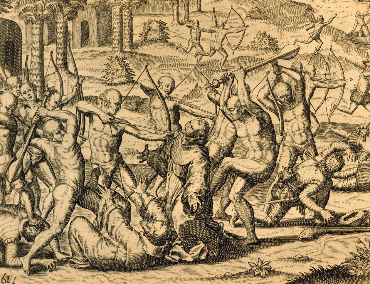 Mučednictví misionářských mnichů v Jižní Americe, rytina z Historia americae, Theodor de Bry (1528-1598), Frankfurt od Theodor de Bry