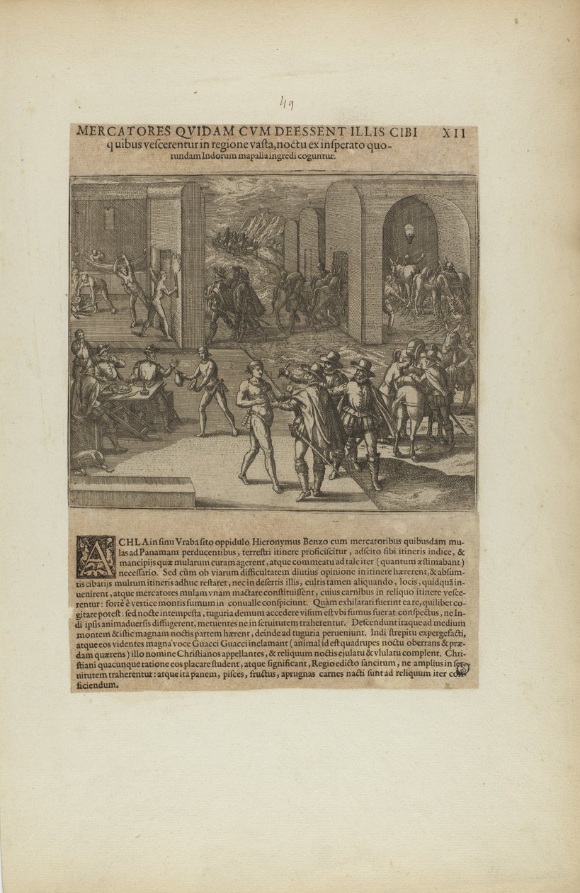 Mercatores Quidam cum Deessent Illis Cibi/Quibus Vescerentur in.... (z knihy Americae, část pátá) od Theodor de Bry