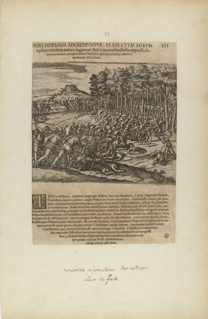 Moli Hispanos Adgrediuntur, Praefe Ctum Eorum/Cedunt: Tandeum.... (z knihy Americae, část pátá) od Theodor de Bry